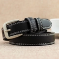 Ceinture classique en cuir noir avec surpiqûres blanches et boucle rectangulaire - Noir