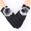 Women's warm black winter gloves with large greyish-white faux fur pompoms - Fleece Hairball - Black