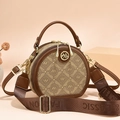 Round brown shoulder bag with monogram leather pattern and wide fabric strap - Khaki and Brown