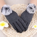 Dark gray warm thermal gloves with large faux fur pom-pom trim and touch screen feature - Fleece Hairball - Grey