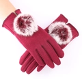 Elegant deep red winter gloves for women with cozy knit fabric and fluffy fur balls - Fleece Hairball - Red