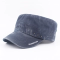 Faded navy canvas flat top cadet cap with metal rivets and white letter embroidery - Navy Blue