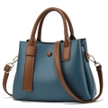 Navy blue pebbled leather tote bag with brown contrast straps and large capacity for women - Dark Blue