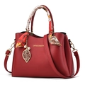 Dark red lychee pattern leather handbag with floral scarf and golden leaf charm - Burgundy