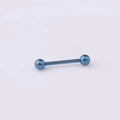 Close-up of blue 316L surgical steel tongue ring with glossy double ball bar design - 1.6*19*6/6mm / Blue