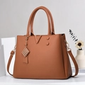 Brown lychee leather tote bag with elegant gold V hardware and adjustable strap - Khaki/Earth Yellow