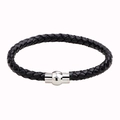 Minimalist black braided leather bracelet with high-polish silver magnetic metal clasp - Black