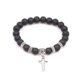 Bracciale yoga in pietra lavica nera opaca con perline floreali e ciondolo a croce traforata - Pietra opaca