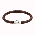Brown braided leather bracelet for men with a polished silver magnetic clasp on white background - Brown