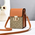 Vertical tan leather and canvas crossbody phone bag with gold clasp and long strap - Khaki/Earth Yellow