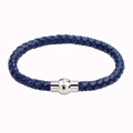 Unisex woven navy blue leather bracelet with round silver magnetic clasp for men and women - Blue