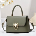 Detailed close-up of dark green leather handbag featuring a golden heart clasp and chain - Length 24 Width 8 Height 16 / Gray
