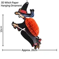 Detailed 3D paper Halloween witch hanging ornament with orange honeycomb belly - Witch On Broomstick 3D Hanging Decor