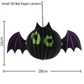 3D Halloween bat paper lantern with black honeycomb body and purple-veined wings, 28cm width - Small Bat Paper Lantern