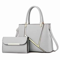 Light gray faux leather handbag set with geometric metal lines and gold hardware - Gray