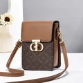 Brown mini crossbody phone bag with vintage letter print and gold buckle closure - Brown