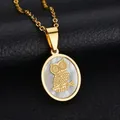 Elegant gold owl pendant necklace with white shell inlay and twisted rope chain - Gold Shell Owl