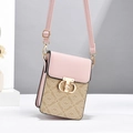 Pink monogram mini crossbody phone bag with gold T-lock and adjustable leather strap - Pink