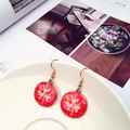 Detailed view of realistic tomato slice earrings hanging on a white ceramic dish - Tomato