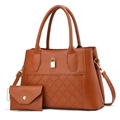 Detail of brown quilted tote bag set with golden buckle and matching clutch purse - One Size / Earthy Yellow