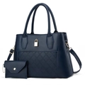 Navy blue quilted tote bag set for women with golden padlock detail and small coin purse - One Size / Blue