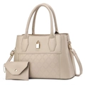 Quilted beige handbag set with gold padlock and matching envelope pouch on white background - One Size / Light Khaki