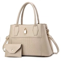 Detail of beige stone texture handbag with gold lock charm and matching small coin purse - 33cmx13cmx23cm / Light Khaki
