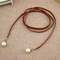 Braided brown waist chain for women with cream pearls and gold rhinestone accents - Camel