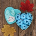 Blue heart-shaped metal gift box with six soap roses and a satin bow decoration - Solid Blue (6 Flowers Heart)