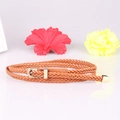 Brown braided waist belt for women with a vintage golden D-ring buckle detail - Camel