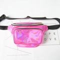 Close-up of pink holographic fanny pack with double metallic zippers and adjustable strap - Rose Red Laser