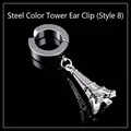 Titanium steel clip-on hoop earring with detailed Eiffel Tower pendant in silver finish - Eiffel Tower / Steel