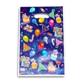 Blue plastic party favor bag with Happy Birthday print and glossy pearlescent finish - Cake Balloon Series - Dark Blue