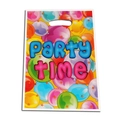 Plastic party gift bag with handles featuring balloons stars and Party Time text - Colorful Balloons