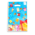 Blue plastic birthday party favor bag with cartoon gift box and Happy Party text - Gift Box Series - Lake Blue