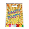 Pearlescent plastic party favor bag with colorful PARTY PARTY print and Happy Note logo - Yellow Fireworks