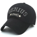 Black cotton baseball cap featuring 3D embroidered Genius 1968 text in a 45-degree view - Adjustable / Black