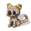 Vintage cat brooch in gold alloy with white rhinestones and black crystal eyes - Gold (C083-B)