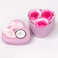 Purple heart-shaped metal gift box with three pink soap roses and a pink ribbon bow - 3 Pieces / Pink