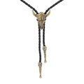 Adjustable bronze bull skull bolo tie with black braided leather cord and metal tips - Pointed Horn Bull Head Bronze