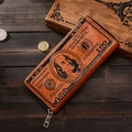 Braunes Vintage-Portemonnaie mit 100-Dollar-Muster und Reißverschluss aus Kunstleder - Hellkaffee