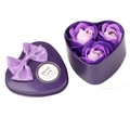 Purple heart-shaped metal gift box with three soap roses and a satin bow decoration - 3 Pieces / Purple