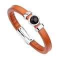 Pulsera de cuero naranja con piedra negra redonda y cierre magnético de metal plateado - Naranja + Piedra de Ágata Negra