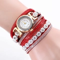 Montre à quartz élégante avec bracelet rouge multi-tours et strass brillants pour femme - Rouge