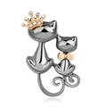 Cute cartoon cats brooch in gunmetal grey with golden crown and crystal details - Crown Bow Double Cats / Gunmetal (C078-A)