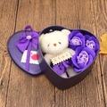 Purple heart-shaped gift box with three soap roses and a small white teddy bear - Heart Tin Box (3 Flowers + Bear) Purple Soft Bear