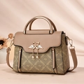 Borsa a mano monogramma marrone e kaki con fibbia a cigno e manici in metallo dorato - Cachi