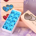 Elegant gift box with twelve blue rose-shaped soap flowers and heart window design - 10 Pcs Double Heart Box-Blue