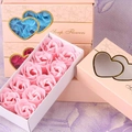 Pink and blue soap flower gift box with 12 roses and golden heart window design - 10 Pcs Double Heart Box-Pink