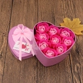 Detailed top view of pink soap roses in a heart-shaped purple tin box with a bow ribbon - 9 Large Heart Tin Flowers (Pink)